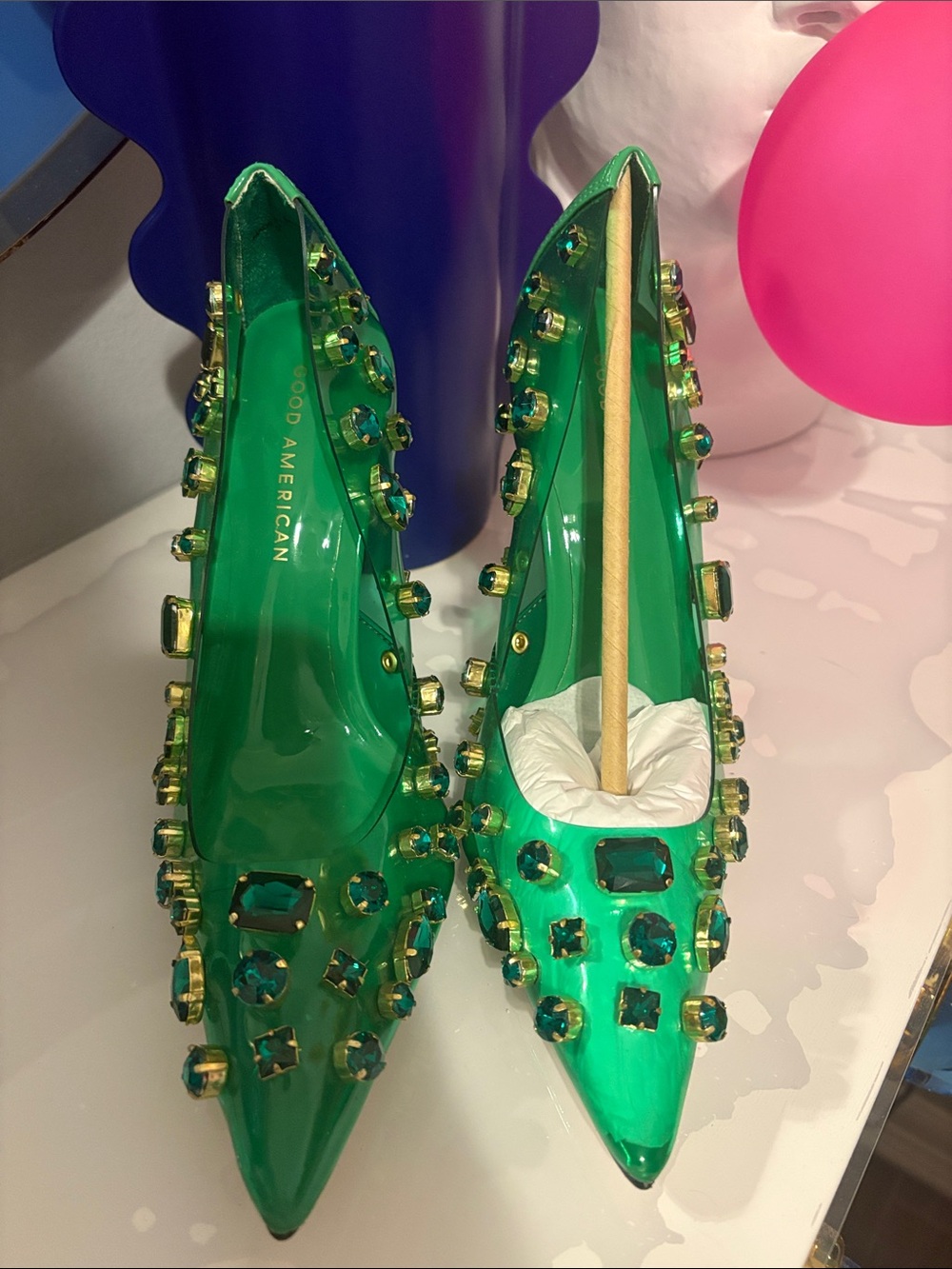 Good American Green Jeweled Pointed Toe Heels